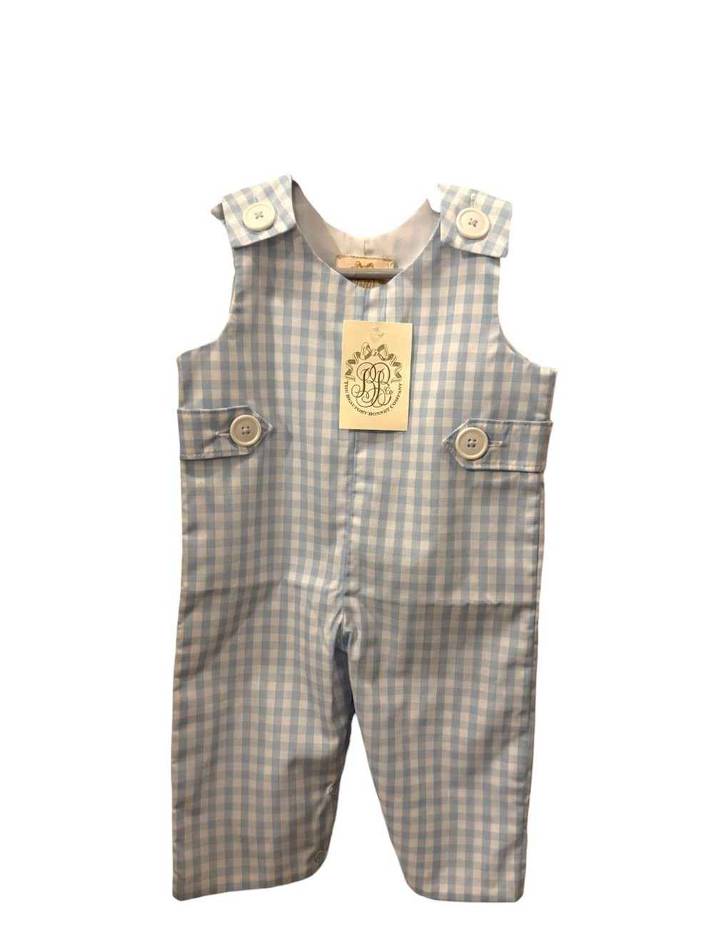 NWT TBBC The Beaufort Bonnet Company Boys Blue Gingham Overall Longall 0-6 Month